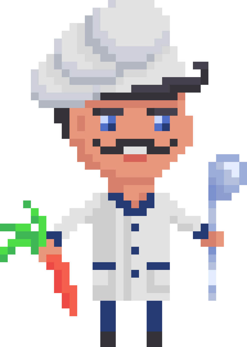 Chef in white uniform cooking. Pixel art icon