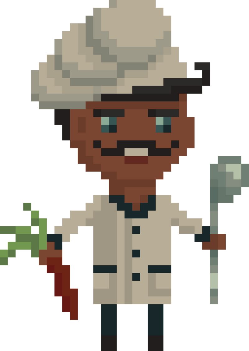 Chef in white uniform cooking. Pixel art icon